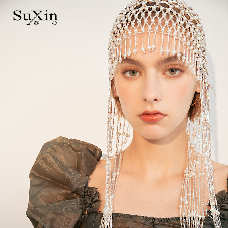 Su Xin Artificial Pearl Tassel Headpiece for Women, Exotic Style, Unique Hair Accessory, High Street Trendy and Elegant Hair Accessory for Women