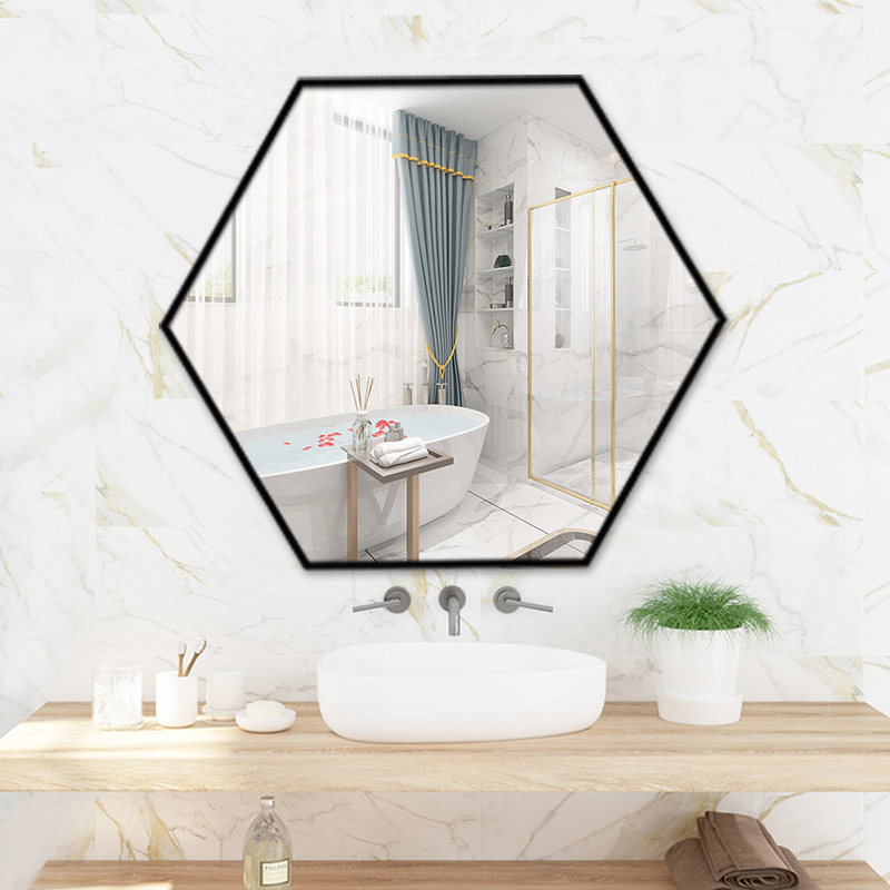 Bathroom Mirror Glued wall Self-adhesive washstand Wash Makeup Room Hexagon Glass Wall-mounted Dressings Makeup Hanging Wall Style