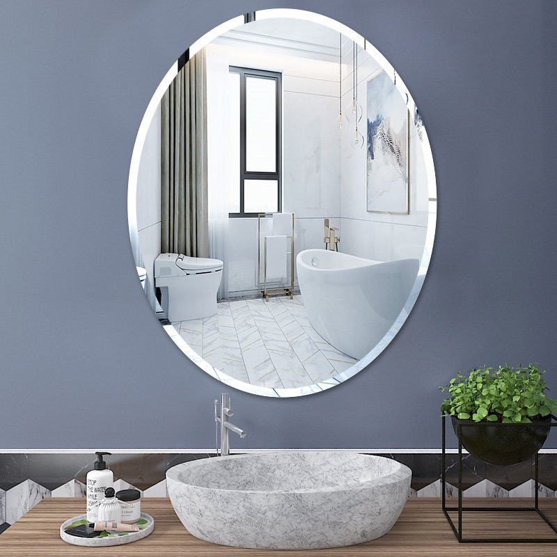 Oval mirror wall sticking self-adhesive bathroom no-punching hand washing toilet wall hanging round makeup dresser wall hanging type