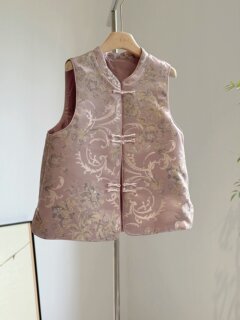 New chinese style pink vest women's daily improved vest stand collar disc button sleeveless top spring and autumn thin imitation song brocade waistcoat