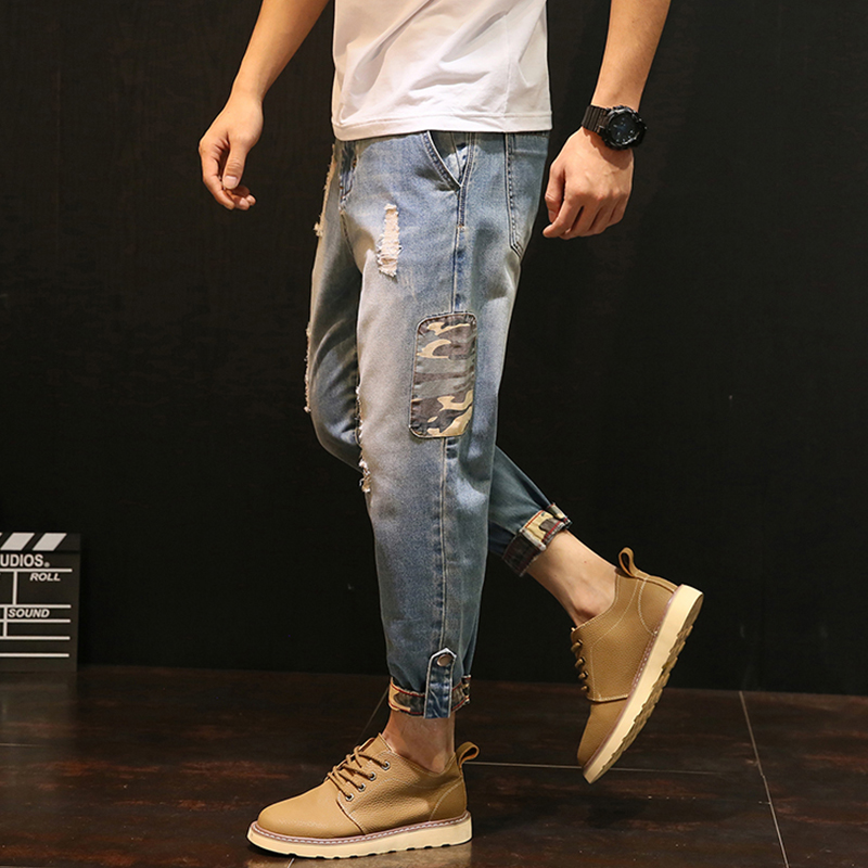 Nine pants men's spring tide brand ripped jeans feet wild 9 points pants loose large size Korean trend pants