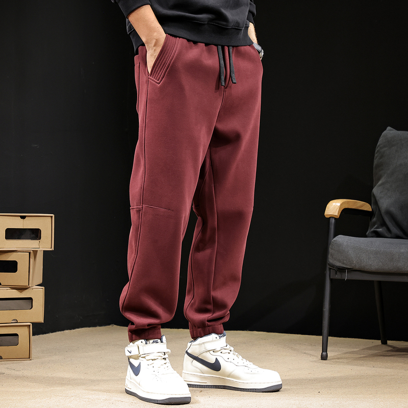 Fleece-Lined Men's Joggers Autumn and Winter Trendy Brand 2025 New Men's Cuffed Sweatpants Burgundy Casual Harem Pants Plus Size