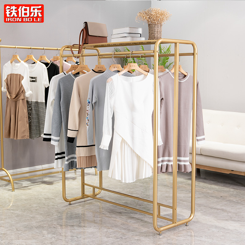 Clothing Store Middle Island Show Shelves Women's Clothing Store Shelves Children's Clothing Store Display Rack Double Row Hanging Hanger Son Gold Color Floor Style