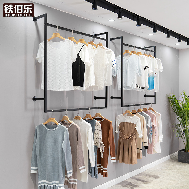 Clothing store display shelves on the wall hanging women's clothing store shelves children's clothing display shelves double hanging hanger wall type