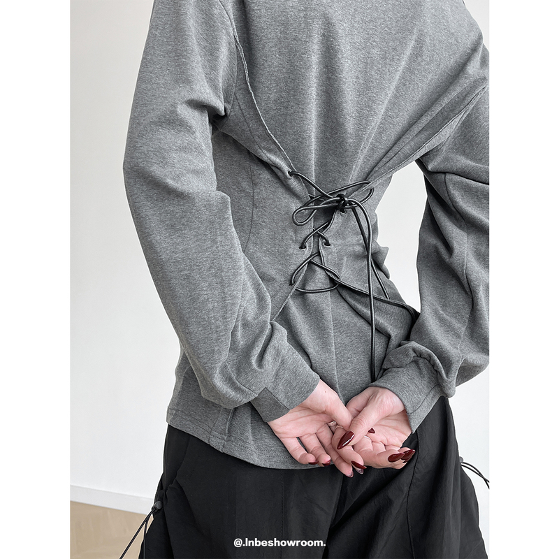 Inbeshowroom American-Style Back-Tie Waist-Cinching V-Neck Sweatshirt for Women, Stylish Slim-Fit Long-Sleeve Top