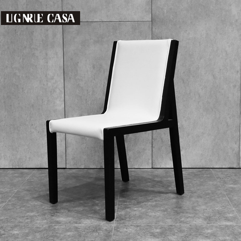Leather Chinese dining chair all solid wood log black simple modern armchair Reed Chi Xi column furniture customization