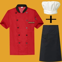Красные три бара короткие рукава+фартук+маленькая белая шляпа