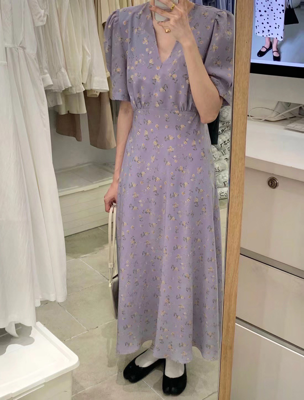 Wanna 2023 Summer Thin Style Elegant High Waist V-Neck Gentle Style A-Line Slimming Floral Long Dress for Women