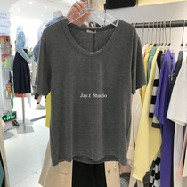 Mochas new solid color pullover loose top slip material simple short sleeve versatile T-shirt base 2249