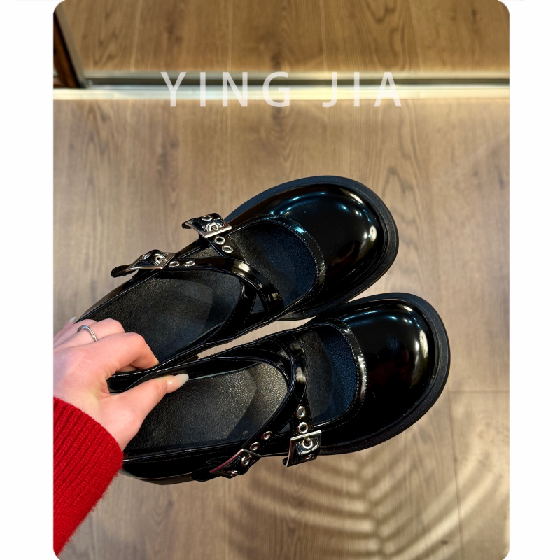 Large Size 41-43 Thick-Soled Mary Jane Shoes for Women with a Single Strap, Round Toe, Versatile and Stylish Shallow-Mouthed Single Shoes, Trendy Mid-Heel