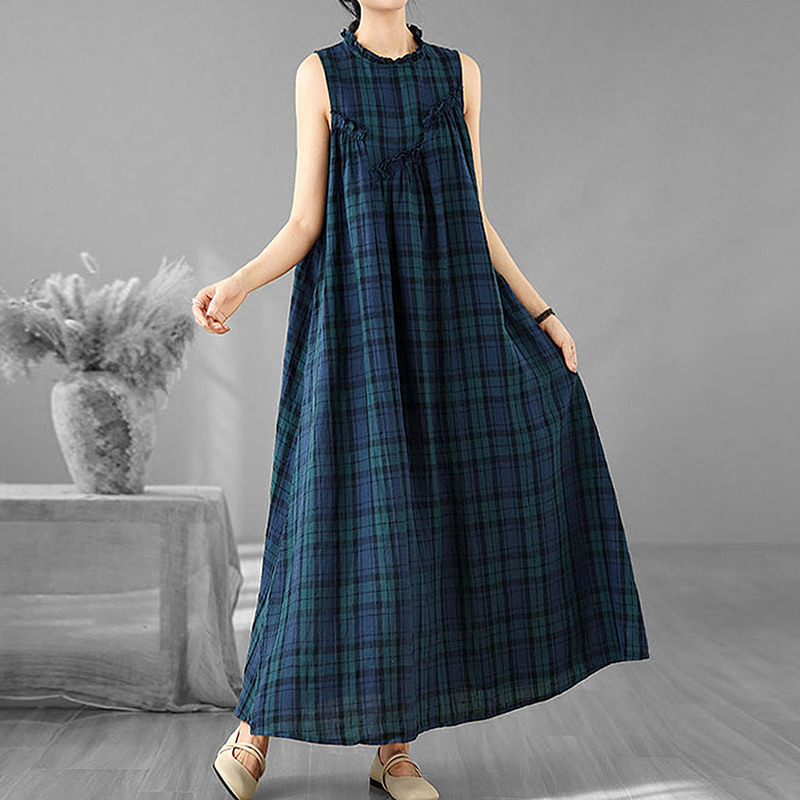 Thrc High-End Women's Clothing Summer Retro Plaid Sleeveless Dress Women's Stand-Up Collar Loose Large Size Artistic Long Skirt