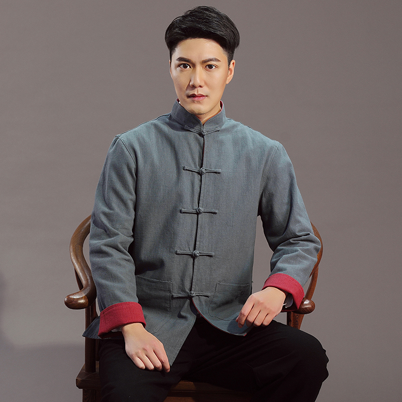 Spring and Autumn Tang suit men's burlap suit double-sided costumes long-sleeved Hanfu Chinese style stand collar jacket middle-aged and elderly father