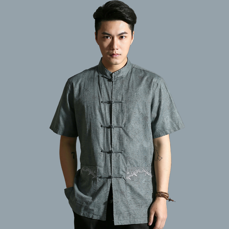 Mini also China Wind Down with linen embroidered bamboo leaves Men's clothing thin section Old age Dad short sleeve Grandfather Old man dress Xia