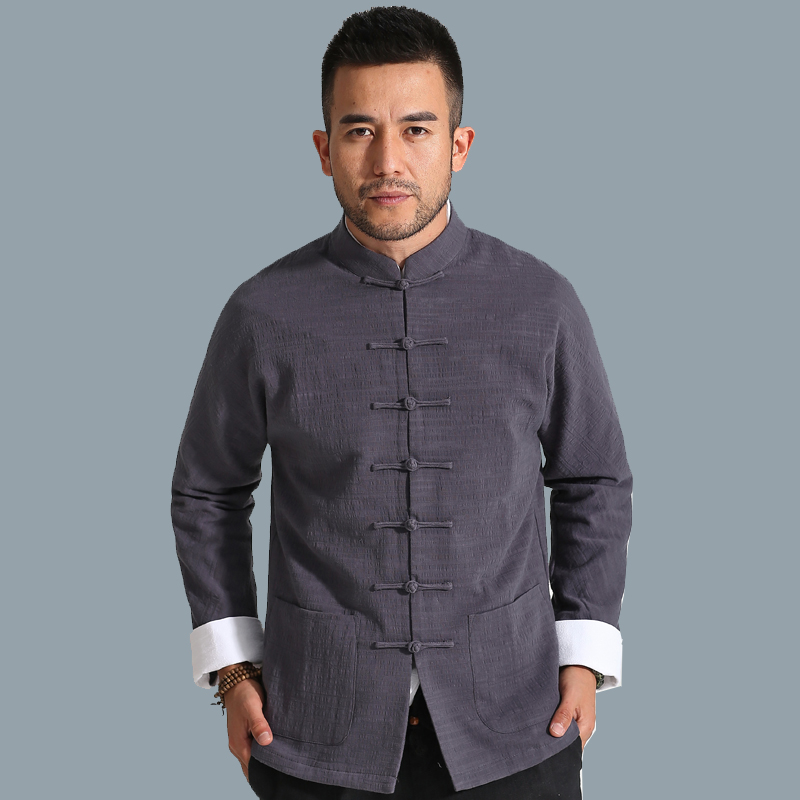 Mini also autumn Tang suit men's long-sleeved coat middle-aged and elderly hemp white cuffs long-sleeved Chinese style men's coarse cloth top