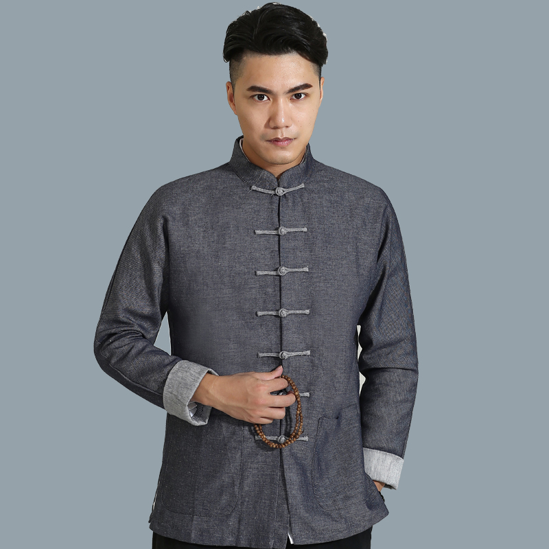 Miny also Fall Tang Wearing Men's Long Sleeves Jacket Mid Aged Cotton Linen jeans Chinese Wind Men's Thick Cloth Blouse