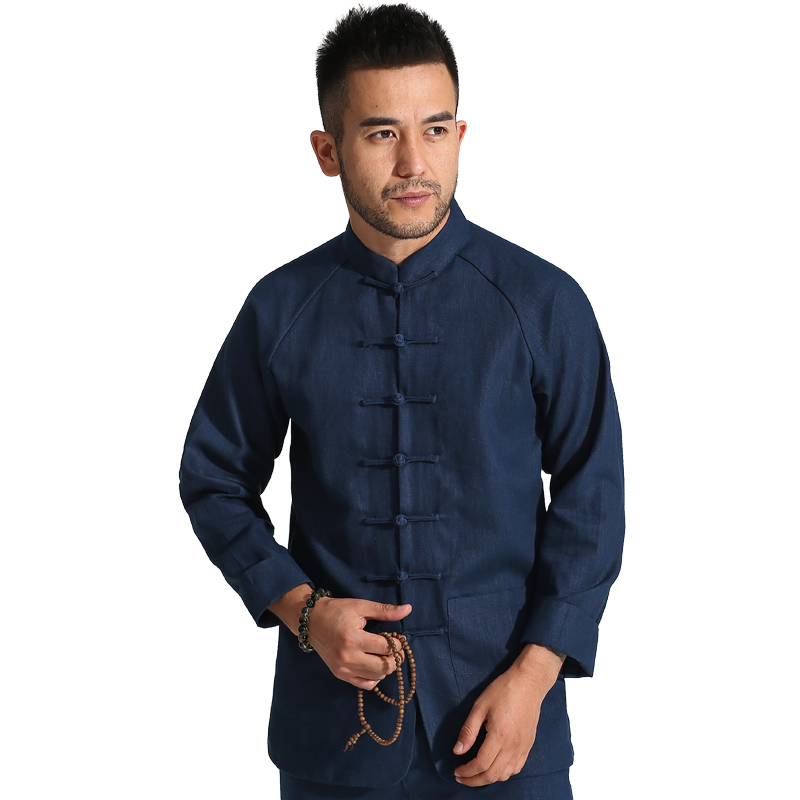 Miny also fall Tang Dress Male long sleeve jacket in old age Hemp Round Swing Long Sleeve China Wind Men's Dress Coarse Blouse