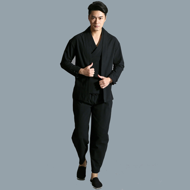 Miny also Summer China Wind suit men's large size slim fit cotton linen costume Hanfu youth Zen suit Two sets