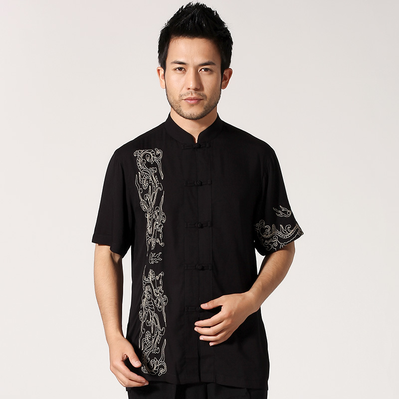 Meini also middle-aged Chinese top short-sleeved summer dress Tang suit Han suit Cotton men's clothing national style embroidered dragon Dad outfit