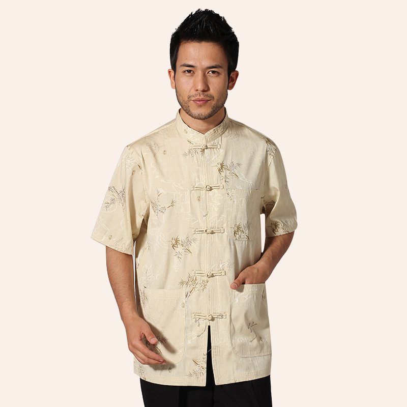 Miny also Tang Costume National Wind Print Bamboo Leaves Chinese Short Sleeves Ethnic Collar Summer Dress Male Chinese Style Chinese Style Father Costume