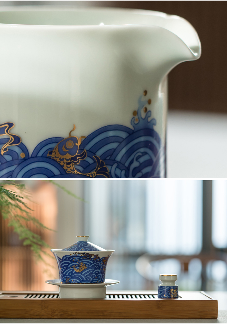 Blue and white see colour treasure porcelain jingdezhen ceramic cups Lin tureen manual side the tea set
