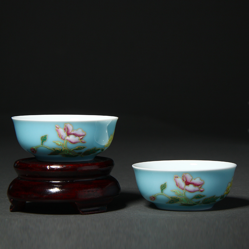 Treasure porcelain azure pastel peony Lin squat cup 10 head of tea sets jingdezhen ceramic glaze color hand - made the add color