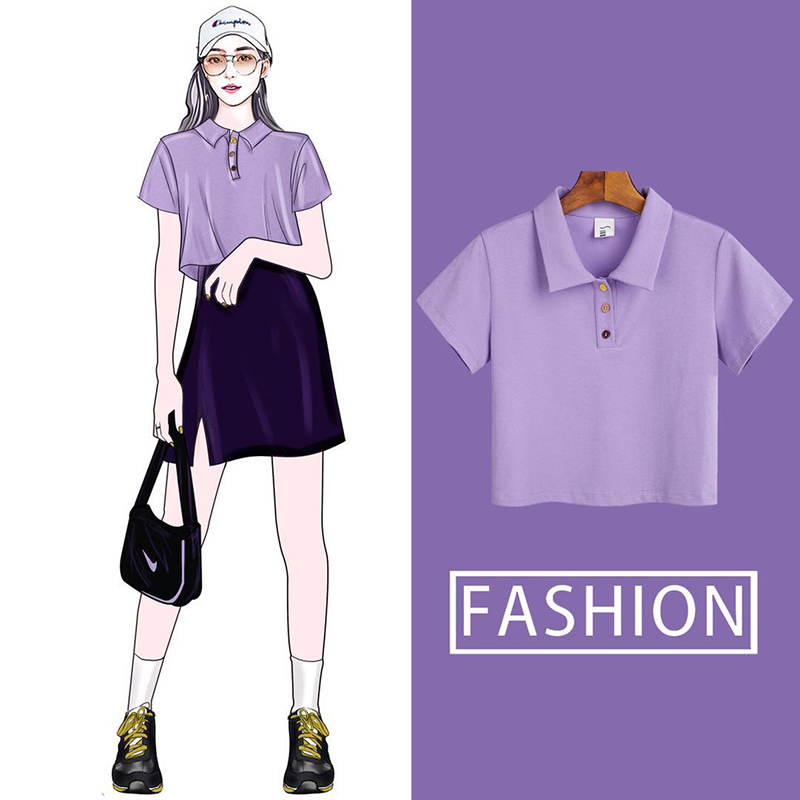 lapel polo shirt purple short-sleeved t-shirt women's short 2021 spring and summer new high-waisted loose taro purple top ins