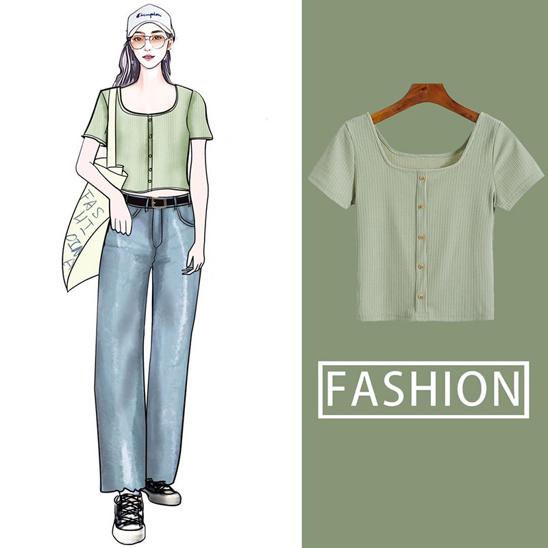 Bull Oil Fruits Green Short Version T-shirt Woman 2022 Summer New Short Sleeve Ice Silk Knit Tight Body Collarbone Collar Blouses