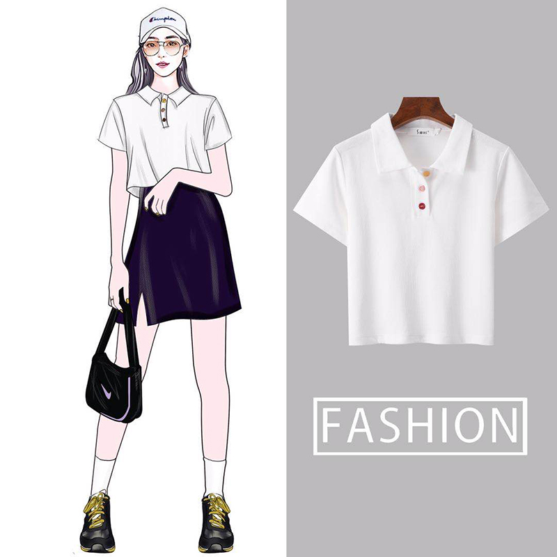 2021 summer new item popular ins tide loose high waist short section umbilical top lapel polo shirt short sleeve t-shirt women
