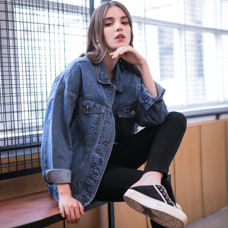 2022 Spring Autumn New Bf Wind Cowboy Jacket Schoolgirl Big Size Loose Denim jeans Korean version Long sleeves Student jacket