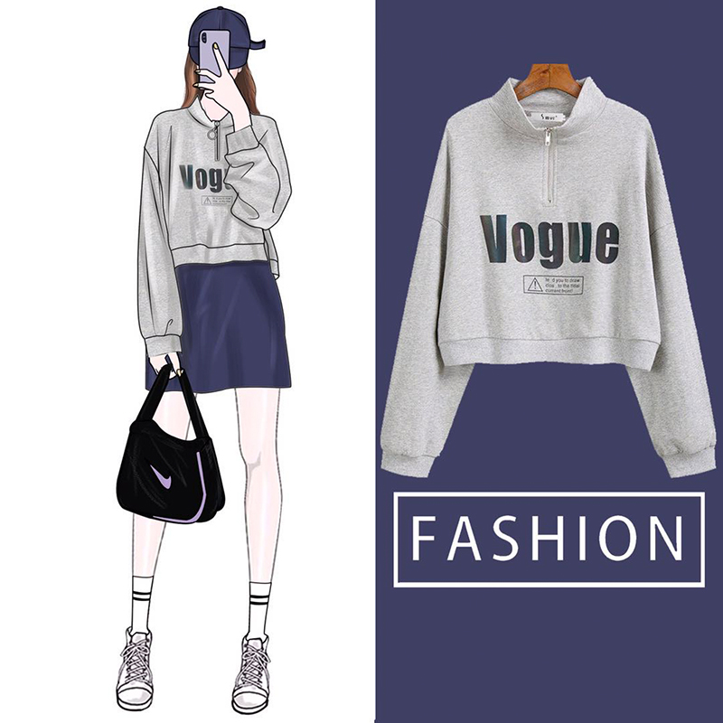 Short version of the sweater women's 2020 new spring and autumn thin section loose Korean version of the small stand-up collar pullover zipper top jacket