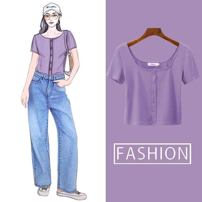 Purple-knitting short sleeve t-shirt female Spring and summer New Short Short Short Short Waist Fittings Short Loose Skin-knit Ocean Top