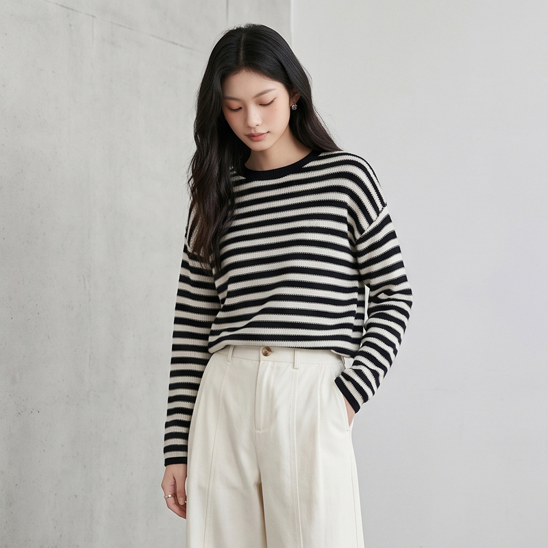 Kompasu Fashionable Casual Sheep Wool Long-Sleeved Slim Striped Wool Knitwear Women's Top Autumn and Winter 2026 New Style Kompasu Fashionable Casual Sheep Wool Long-Sleeved Slim Striped Wool Knitwear Women's Top Autumn and Winter 2026 New Style