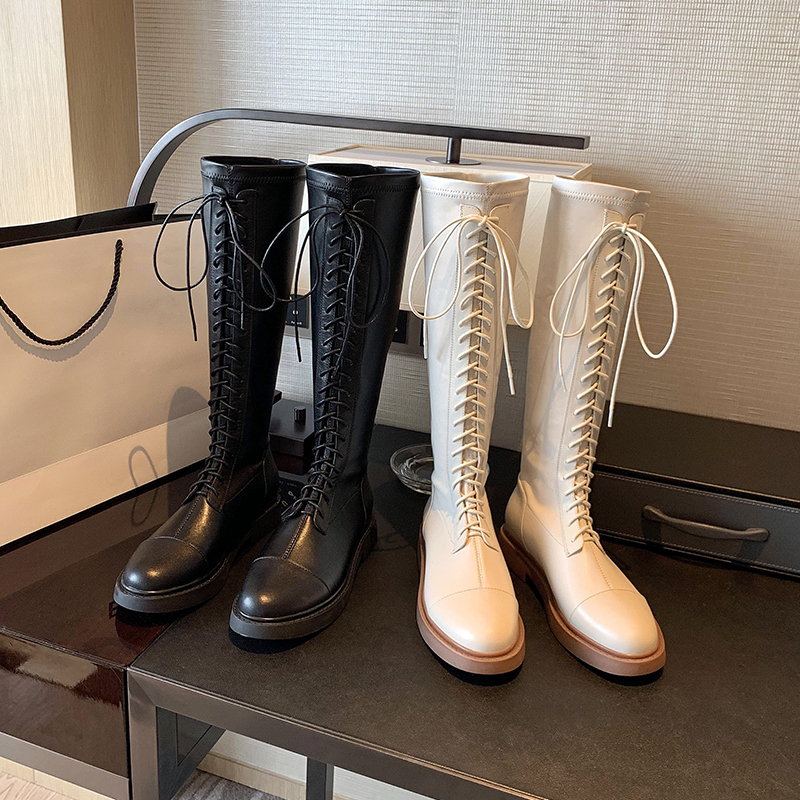 Yili beige gray high tube riding boots flat but knee 2020 autumn and winter new elastic boots plus velvet boots for children