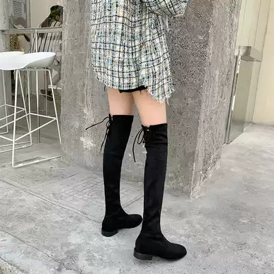 Yili rice gray riding boots high knee boots female 2021 autumn and winter New thick heel flat elastic thin long boots