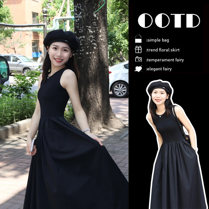 Hepburn-Style Black Sleeveless Dress for Women, New Summer Model, Waist-Cinching, Slimming, High-End Elegant, Petite Tank Top Long Dress
