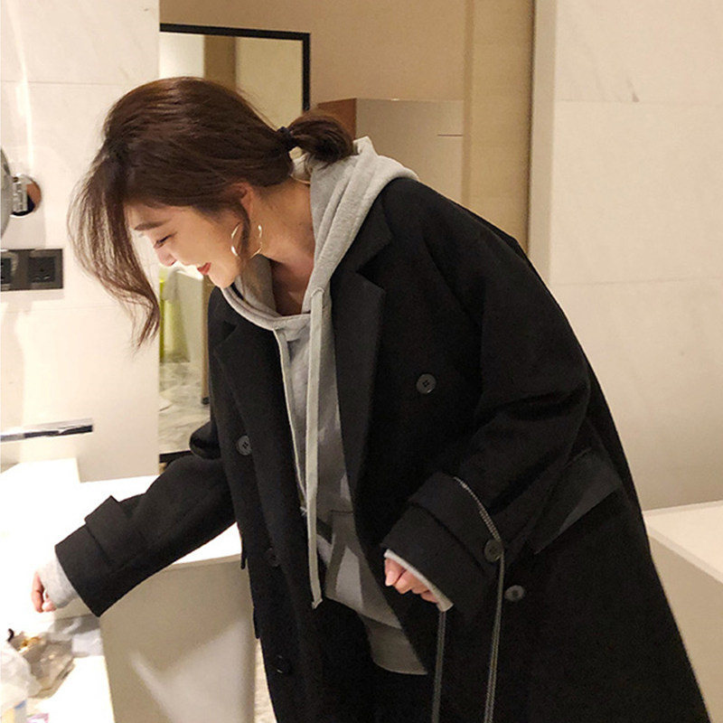 Black medium and long hair coat girl new Korean version of relaxed temperament thickening of the clothes coat autumn winter
