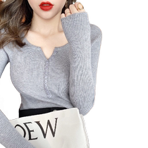 Knitted bottoming shirt for women with tight v-neck sweater 2024 spring new thin slim long-sleeved black top
