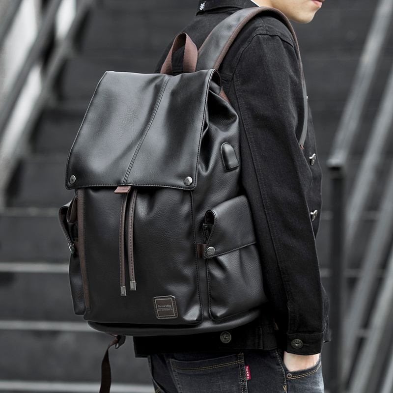 Leather casual backpack men's shoulder bag fashion trend college school bag large capacity travel bag computer bag men's bag