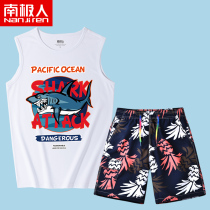 Beach pants men beach vacation loose shorts mens five-point pants Tide brand vest leisure suit summer two-piece set