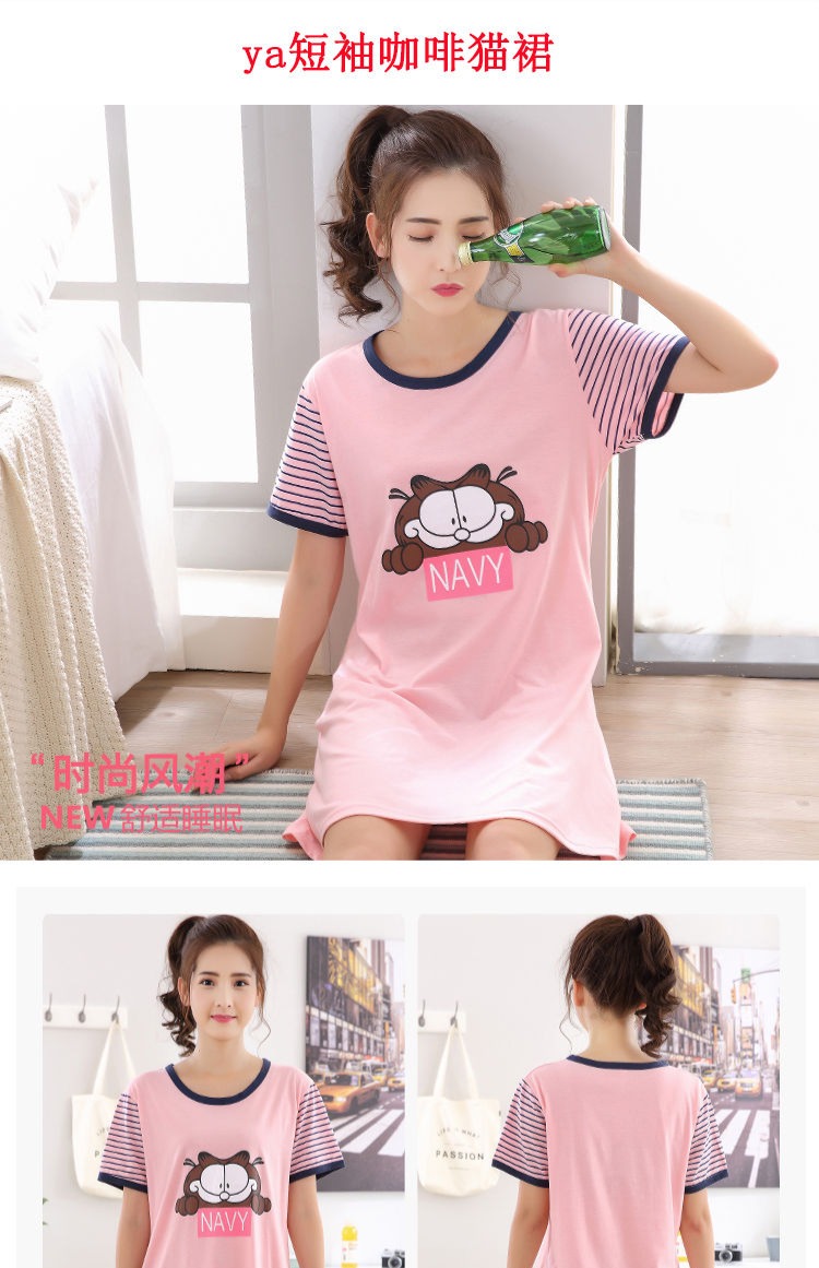 Mùa hè ngắn đoạn phim hoạt hình dễ thương váy ngủ mùa hè cotton tay ngắn XL áo ngủ lệch vai phụ nữ váy ngủ mùa hè đồ bộ mặc ở nhà