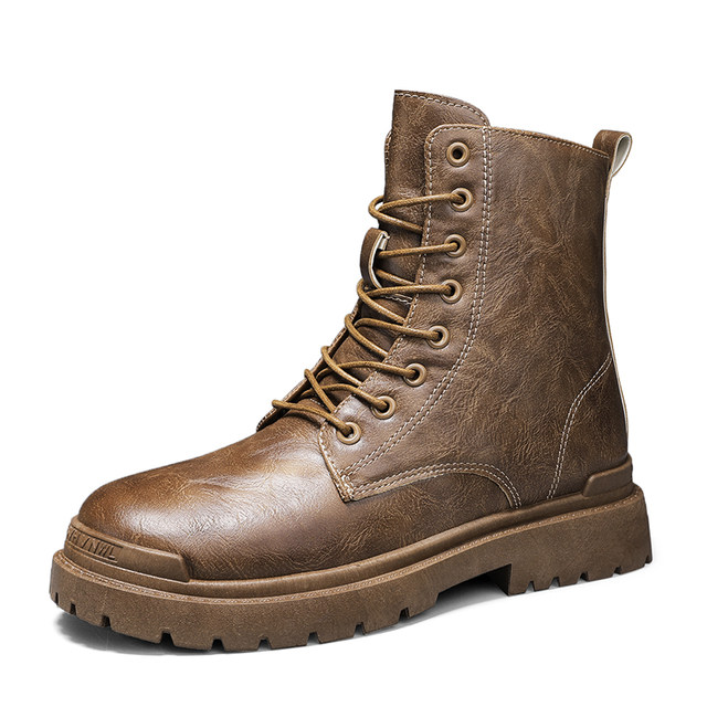 Spring brown Martin boots men's high-top retro style British ເພີ່ມຂຶ້ນ ເກີບຫນັງຫນາ soled ເກີບເຮັດວຽກລົດຈັກຂອງຜູ້ຊາຍ