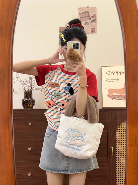 Ins style rainbow striped raglan sleeve t-shirt for women with flocking embroidery cartoon right shoulder short sleeve sweet girl slim waist short style