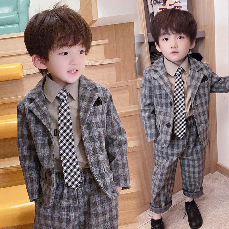 Child Fried Street Suit Suit Plus Suede Thickened Autumn Winter Style Korean Version Boy Gown Boy Wow Casual Little West Suit