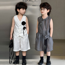 National style boys vest suit summer childrens white small suit handsome style model catwalk dress trendy and cool