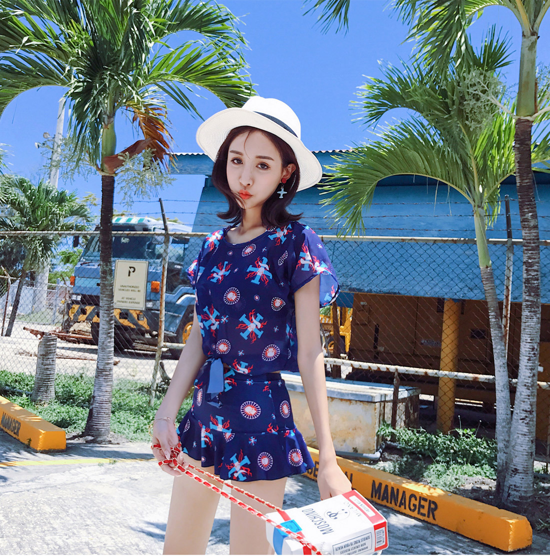 Bộ bikini bikini ba mảnh gợi cảm của cô gái nhỏ ngực áo voan chia đôi đồ bơi bảo thủ nữ đã mỏng - Bộ đồ bơi hai mảnh 	bikini 2 mảnh màu xanh