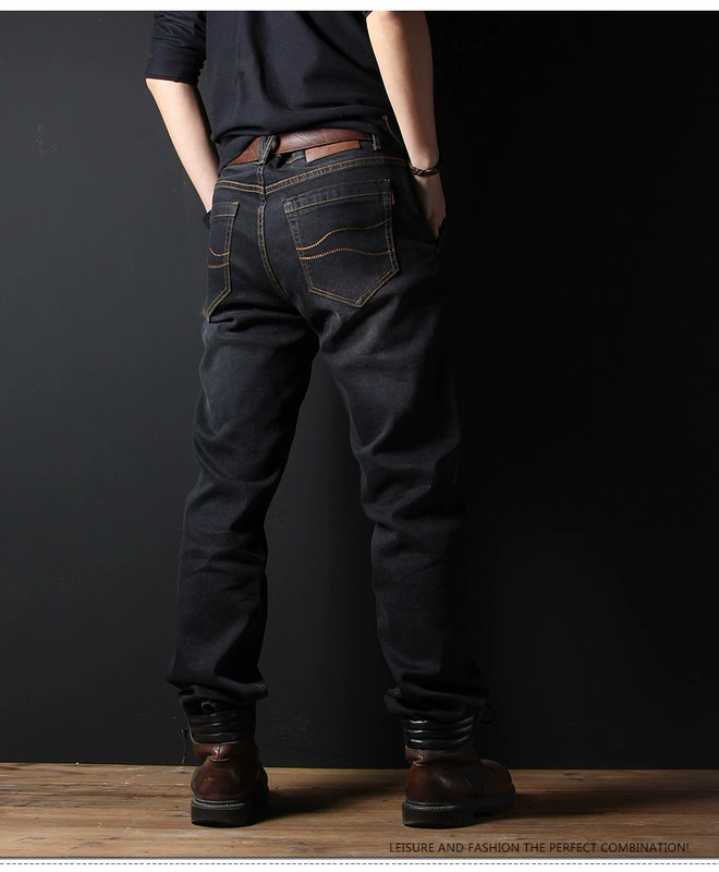 Quần jean đen cỡ lớn rộng co giãn thẳng cộng với nhung cộng với phân bón để tăng mỡ quần béo mùa đông