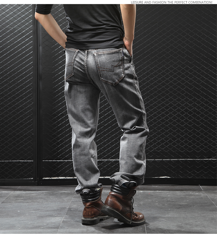 Xám cũ rách lỏng quần jean co giãn thẳng cộng với phân bón XL bình thường retro tuổi trẻ béo shop đồ nam