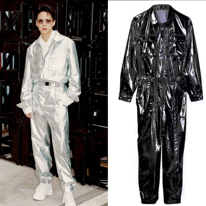 Street-Style Shiny Silver Large-Size Jumpsuit Metallic Tech Hip-Hop Jazz Dance Runway Outfit Street Dance Team Performance Costume