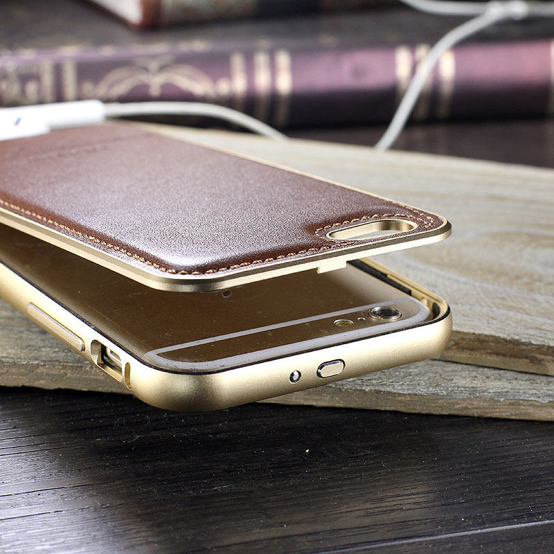 iMatch Luxury Aluminum Metal Bumper Premium Genuine Leather Back Cover Case for Apple iPhone 6S/6 & iPhone 6S Plus/6 Plus