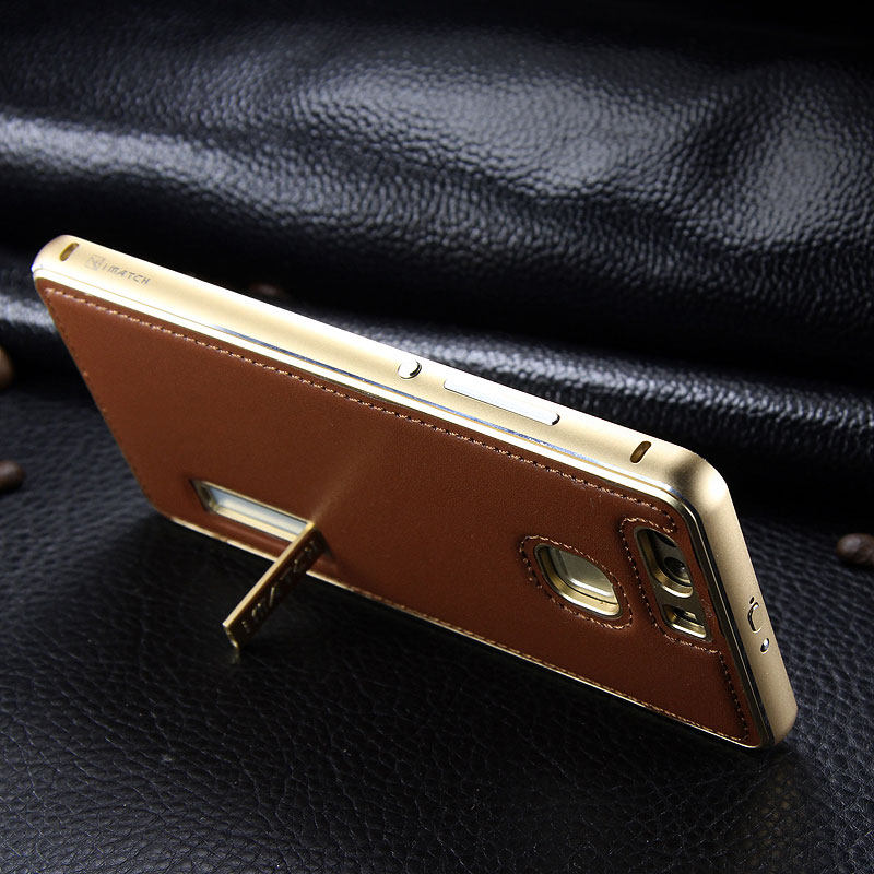 iMatch Luxury Aluminum Metal Bumper Premium Genuine Leather Back Cover Case for Huawei P9 Plus & Huawei P9